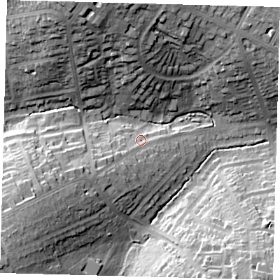 Shaded relief map of the ground around N211LU, computed from Environment Agency LiDAR. The ground here sits at about 36 m above sea level and falls 29 m across the surrounding 800 m. Surface water reaching this point runs off ground lying to the south-west, 11.9 m higher.