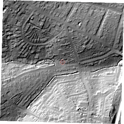 Shaded relief map of the ground around N211LX, computed from Environment Agency LiDAR. The ground here sits at about 32 m above sea level and falls 32 m across the surrounding 800 m. Surface water reaching this point runs off ground lying to the north-west, 29.1 m higher.
