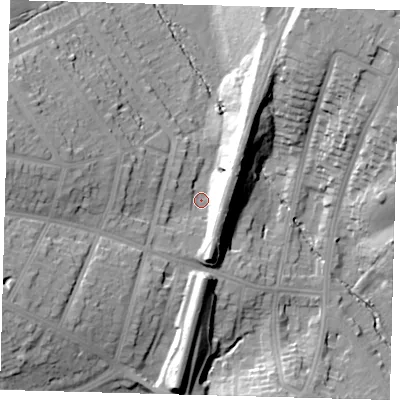 Shaded relief map of the ground around N211RF, computed from Environment Agency LiDAR. The ground here sits at about 30 m above sea level and falls 25 m across the surrounding 800 m. Surface water reaching this point runs off ground lying to the east, 11.9 m higher.