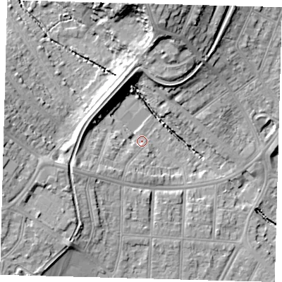 Shaded relief map of the ground around N212AN, computed from Environment Agency LiDAR. The ground here sits at about 24 m above sea level and falls 22 m across the surrounding 800 m. Surface water reaching this point runs off ground lying to the south-west, 6.6 m higher.
