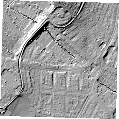 Shaded relief map of the ground around N212AS, computed from Environment Agency LiDAR. The ground here sits at about 24 m above sea level and falls 21 m across the surrounding 800 m. Surface water reaching this point runs off ground lying to the south-west, 6.6 m higher.