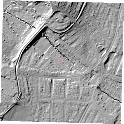 Shaded relief map of the ground around N212AT, computed from Environment Agency LiDAR. The ground here sits at about 23 m above sea level and falls 22 m across the surrounding 800 m. Surface water reaching this point runs off ground lying to the south-west, 6.6 m higher.