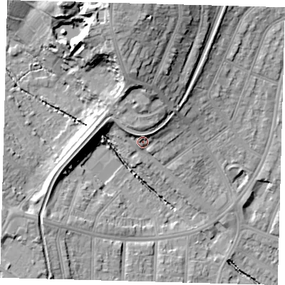 Shaded relief map of the ground around N212BD, computed from Environment Agency LiDAR. The ground here sits at about 29 m above sea level and falls 26 m across the surrounding 800 m. Surface water reaching this point runs off ground lying to the north-east, 4.4 m higher.