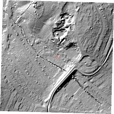 Shaded relief map of the ground around N212BG, computed from Environment Agency LiDAR. The ground here sits at about 24 m above sea level and falls 25 m across the surrounding 800 m. Surface water reaching this point runs off ground lying to the north-north-east, 23.3 m higher.