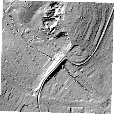 Shaded relief map of the ground around N212BN, computed from Environment Agency LiDAR. The ground here sits at about 26 m above sea level and falls 24 m across the surrounding 800 m. Surface water reaching this point runs off ground lying to the north-north-east, 22.6 m higher.