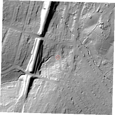 Shaded relief map of the ground around N212EA, computed from Environment Agency LiDAR. The ground here sits at about 28 m above sea level and falls 26 m across the surrounding 800 m. Surface water reaching this point runs off ground lying to the south-south-west, 23.6 m higher.