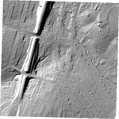 Shaded relief map of the ground around N212EB, computed from Environment Agency LiDAR. The ground here sits at about 28 m above sea level and falls 27 m across the surrounding 800 m. Surface water reaching this point runs off ground lying to the south-south-east, 9.5 m higher.