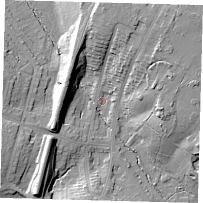 Shaded relief map of the ground around N212ED, computed from Environment Agency LiDAR. The ground here sits at about 26 m above sea level and falls 25 m across the surrounding 800 m. Surface water reaching this point runs off ground lying to the north, 24.6 m higher.