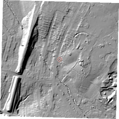 Shaded relief map of the ground around N212ES, computed from Environment Agency LiDAR. The ground here sits at about 29 m above sea level and falls 25 m across the surrounding 800 m. Surface water reaching this point runs off ground lying to the north-north-east, 20.8 m higher.