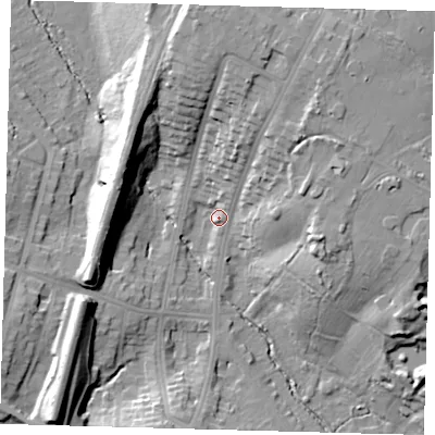 Shaded relief map of the ground around N212ET, computed from Environment Agency LiDAR. The ground here sits at about 28 m above sea level and falls 25 m across the surrounding 800 m. Surface water reaching this point runs off ground lying to the north, 24.6 m higher.