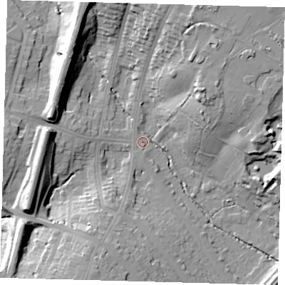 Shaded relief map of the ground around N212EY, computed from Environment Agency LiDAR. The ground here sits at about 26 m above sea level and falls 26 m across the surrounding 800 m. Surface water reaching this point runs off ground lying to the north-north-east, 24.1 m higher.