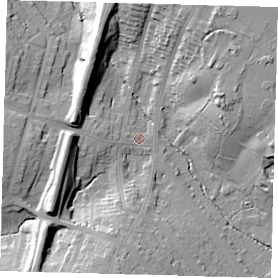 Shaded relief map of the ground around N212HA, computed from Environment Agency LiDAR. The ground here sits at about 27 m above sea level and falls 25 m across the surrounding 800 m. Surface water reaching this point runs off ground lying to the south-west, 20.0 m higher.
