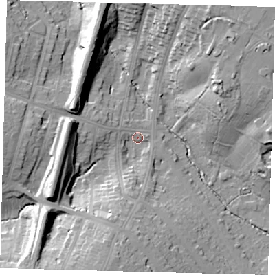 Shaded relief map of the ground around N212HB, computed from Environment Agency LiDAR. The ground here sits at about 27 m above sea level and falls 25 m across the surrounding 800 m. Surface water reaching this point runs off ground lying to the south-south-west, 20.2 m higher.