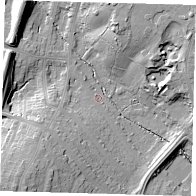 Shaded relief map of the ground around N212LT, computed from Environment Agency LiDAR. The ground here sits at about 26 m above sea level and falls 30 m across the surrounding 800 m. Surface water reaching this point runs off ground lying to the north-north-east, 24.2 m higher.
