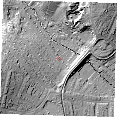Shaded relief map of the ground around N212LU, computed from Environment Agency LiDAR. The ground here sits at about 26 m above sea level and falls 26 m across the surrounding 800 m. Surface water reaching this point runs off ground lying to the west-south-west, 24.4 m higher.