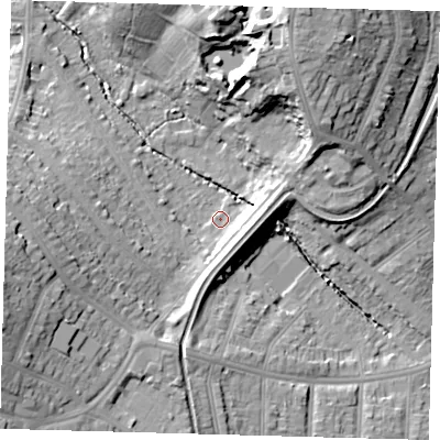 Shaded relief map of the ground around N212LX, computed from Environment Agency LiDAR. The ground here sits at about 25 m above sea level and falls 24 m across the surrounding 800 m. Surface water reaching this point runs off ground lying to the north-north-east, 22.2 m higher.
