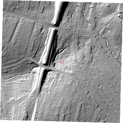 Shaded relief map of the ground around N212NH, computed from Environment Agency LiDAR. The ground here sits at about 29 m above sea level and falls 28 m across the surrounding 800 m. Surface water reaching this point runs off ground lying to the south-east, 11.7 m higher.