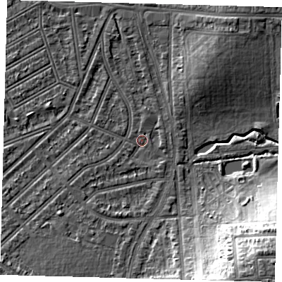Shaded relief map of the ground around N226AG, computed from Environment Agency LiDAR. The ground here sits at about 16 m above sea level and falls 17 m across the surrounding 800 m. Surface water reaching this point runs off ground lying to the south-west, 4.2 m higher.