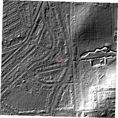 Shaded relief map of the ground around N226AH, computed from Environment Agency LiDAR. The ground here sits at about 16 m above sea level and falls 17 m across the surrounding 800 m. Surface water reaching this point runs off ground lying to the west-south-west, 0.9 m higher.