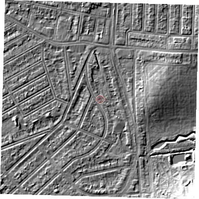 Shaded relief map of the ground around N226AJ, computed from Environment Agency LiDAR. The ground here sits at about 16 m above sea level and falls 10 m across the surrounding 800 m. Surface water reaching this point runs off ground lying to the south-west, 3.7 m higher.