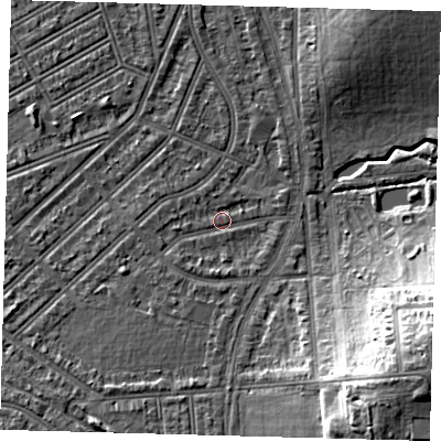 Shaded relief map of the ground around N226RB, computed from Environment Agency LiDAR. The ground here sits at about 16 m above sea level and falls 17 m across the surrounding 800 m. Surface water reaching this point runs off ground lying to the south-west, 3.8 m higher.