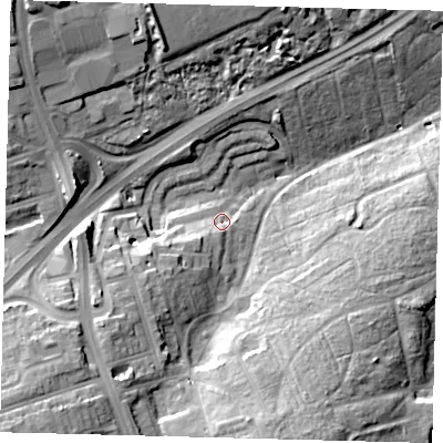 Shaded relief map of the ground around N29RA, computed from Environment Agency LiDAR. The ground here sits at about 62 m above sea level and falls 30 m across the surrounding 800 m. Surface water reaching this point runs off ground lying to the south-south-west, 4.9 m higher.