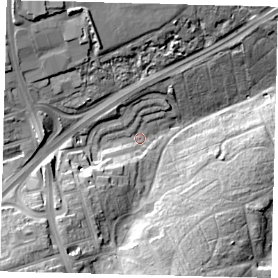 Shaded relief map of the ground around N29RB, computed from Environment Agency LiDAR. The ground here sits at about 59 m above sea level and falls 28 m across the surrounding 800 m. Surface water reaching this point runs off ground lying to the south-west, 21.5 m higher.