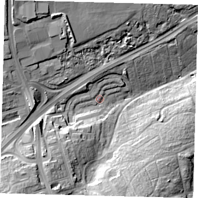 Shaded relief map of the ground around N29RD, computed from Environment Agency LiDAR. The ground here sits at about 60 m above sea level and falls 29 m across the surrounding 800 m. Surface water reaching this point runs off ground lying to the north-west, 22.4 m higher.