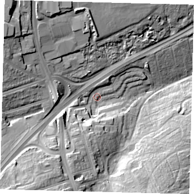 Shaded relief map of the ground around N29RQ, computed from Environment Agency LiDAR. The ground here sits at about 61 m above sea level and falls 29 m across the surrounding 800 m. Surface water reaching this point runs off ground lying to the north-north-east, 3.7 m higher.