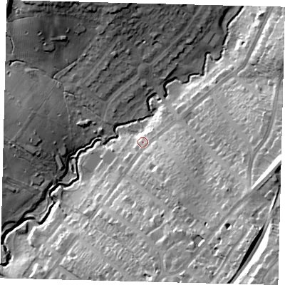 Shaded relief map of the ground around N31AR, computed from Environment Agency LiDAR. The ground here sits at about 61 m above sea level and falls 38 m across the surrounding 800 m. Surface water reaching this point runs off ground lying to the south-east, 11.3 m higher.