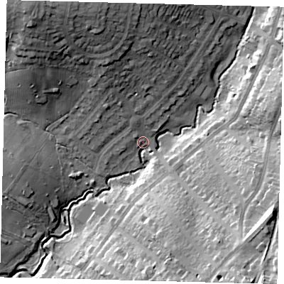 Shaded relief map of the ground around N31PN, computed from Environment Agency LiDAR. The ground here sits at about 58 m above sea level and falls 32 m across the surrounding 800 m. Surface water reaching this point runs off ground lying to the south-east, 27.5 m higher.