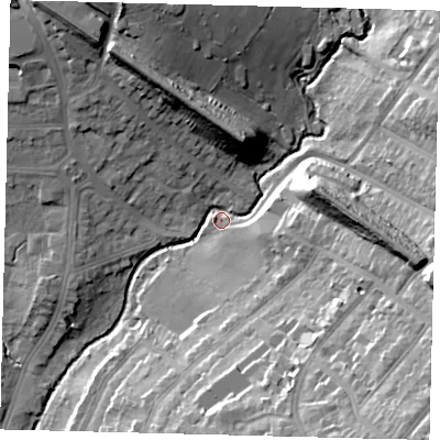Shaded relief map of the ground around N31RE, computed from Environment Agency LiDAR. The ground here sits at about 53 m above sea level and falls 34 m across the surrounding 800 m. Surface water reaching this point runs off ground lying to the south-east, 31.2 m higher.