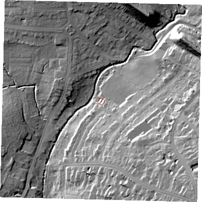Shaded relief map of the ground around N31TQ, computed from Environment Agency LiDAR. The ground here sits at about 53 m above sea level and falls 34 m across the surrounding 800 m. Surface water reaching this point runs off ground lying to the south-east, 26.6 m higher.