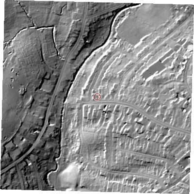 Shaded relief map of the ground around N31UH, computed from Environment Agency LiDAR. The ground here sits at about 58 m above sea level and falls 32 m across the surrounding 800 m. Surface water reaching this point runs off ground lying to the east-south-east, 4.3 m higher.