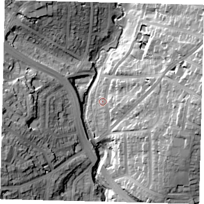 Shaded relief map of the ground around N33ES, computed from Environment Agency LiDAR. The ground here sits at about 51 m above sea level and falls 29 m across the surrounding 800 m. Surface water reaching this point runs off ground lying to the east, 8.5 m higher.