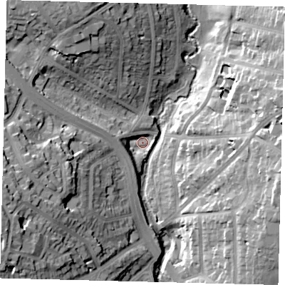 Shaded relief map of the ground around N33PU, computed from Environment Agency LiDAR. The ground here sits at about 47 m above sea level and falls 31 m across the surrounding 800 m. Surface water reaching this point runs off ground lying to the west, 7.5 m higher.