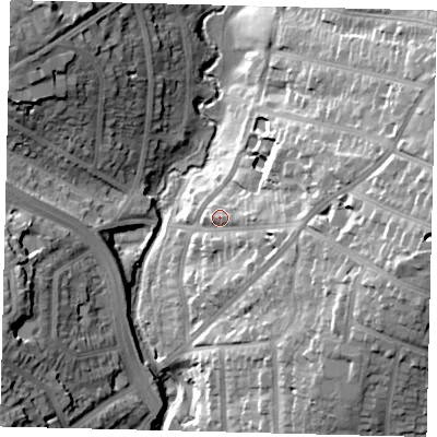 Shaded relief map of the ground around N33PX, computed from Environment Agency LiDAR. The ground here sits at about 56 m above sea level and falls 32 m across the surrounding 800 m. Surface water reaching this point runs off ground lying to the east, 8.0 m higher.