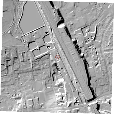 Shaded relief map of the ground around N87RB, computed from Environment Agency LiDAR. The ground here sits at about 31 m above sea level and falls 16 m across the surrounding 800 m. Surface water reaching this point runs off ground lying to the south-east, 4.8 m higher.