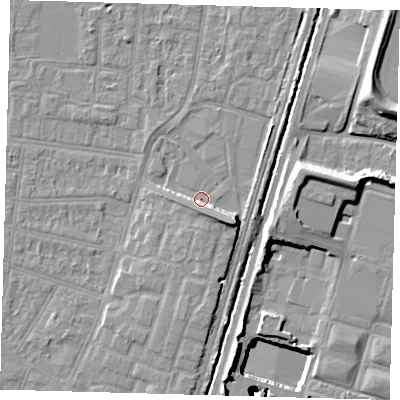 Shaded relief map of the ground around N90AB, computed from Environment Agency LiDAR. The ground here sits at about 12 m above sea level and falls 26 m across the surrounding 800 m. Surface water reaching this point runs off ground lying to the south-east, 6.3 m higher.