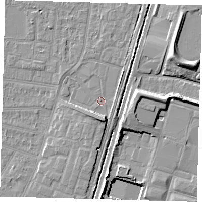 Shaded relief map of the ground around N90AE, computed from Environment Agency LiDAR. The ground here sits at about 12 m above sea level and falls 15 m across the surrounding 800 m. Surface water reaching this point runs off ground lying to the south-south-east, 6.5 m higher.