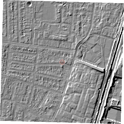Shaded relief map of the ground around N90AG, computed from Environment Agency LiDAR. The ground here sits at about 12 m above sea level and falls 23 m across the surrounding 800 m. Surface water reaching this point runs off ground lying to the north-west, 2.1 m higher.