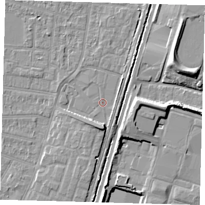 Shaded relief map of the ground around N90AJ, computed from Environment Agency LiDAR. The ground here sits at about 12 m above sea level and falls 14 m across the surrounding 800 m. Surface water reaching this point runs off ground lying to the south, 6.5 m higher.