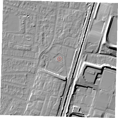 Shaded relief map of the ground around N90AP, computed from Environment Agency LiDAR. The ground here sits at about 12 m above sea level and falls 14 m across the surrounding 800 m. Surface water reaching this point runs off ground lying to the south-south-east, 6.5 m higher.