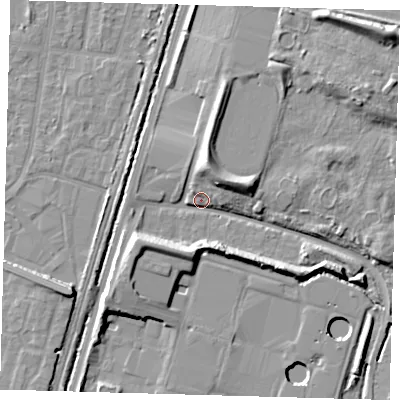 Shaded relief map of the ground around N90AS, computed from Environment Agency LiDAR. The ground here sits at about 13 m above sea level and falls 14 m across the surrounding 800 m. Surface water reaching this point runs off ground lying to the north-north-east, 9.7 m higher.