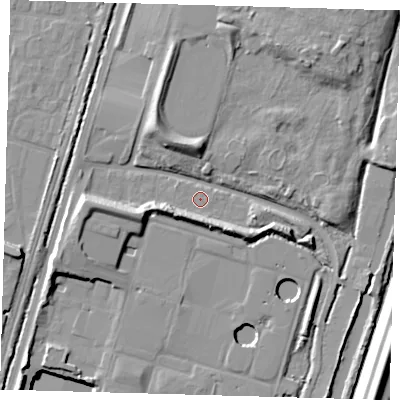 Shaded relief map of the ground around N90AX, computed from Environment Agency LiDAR. The ground here sits at about 12 m above sea level and falls 18 m across the surrounding 800 m. Surface water reaching this point runs off ground lying to the south-east, 7.6 m higher.