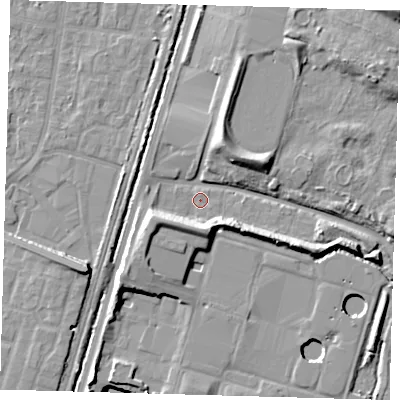 Shaded relief map of the ground around N90AY, computed from Environment Agency LiDAR. The ground here sits at about 12 m above sea level and falls 17 m across the surrounding 800 m. Surface water reaching this point runs off ground lying to the south-west, 6.6 m higher.