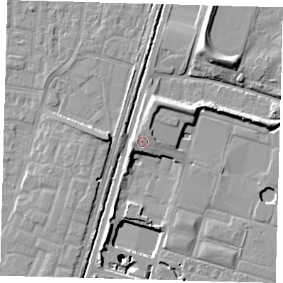 Shaded relief map of the ground around N90BA, computed from Environment Agency LiDAR. The ground here sits at about 17 m above sea level and falls 26 m across the surrounding 800 m. Surface water reaching this point runs off ground lying to the west-south-west, 2.0 m higher.