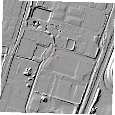 Shaded relief map of the ground around N90BD, computed from Environment Agency LiDAR. The ground here sits at about 11 m above sea level and falls 30 m across the surrounding 800 m. Surface water reaching this point runs off ground lying to the west-south-west, 0.8 m higher.