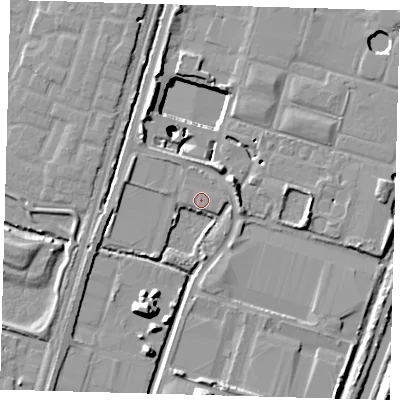 Shaded relief map of the ground around N90BF, computed from Environment Agency LiDAR. The ground here sits at about 12 m above sea level and falls 28 m across the surrounding 800 m. Surface water reaching this point runs off ground lying to the north-north-east, 0.6 m higher.