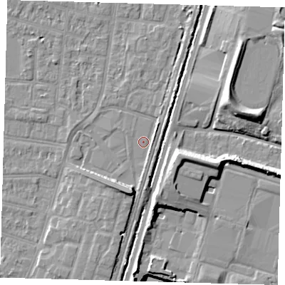 Shaded relief map of the ground around N90BG, computed from Environment Agency LiDAR. The ground here sits at about 12 m above sea level and falls 14 m across the surrounding 800 m. Surface water reaching this point runs off ground lying to the south-south-west, 6.5 m higher.